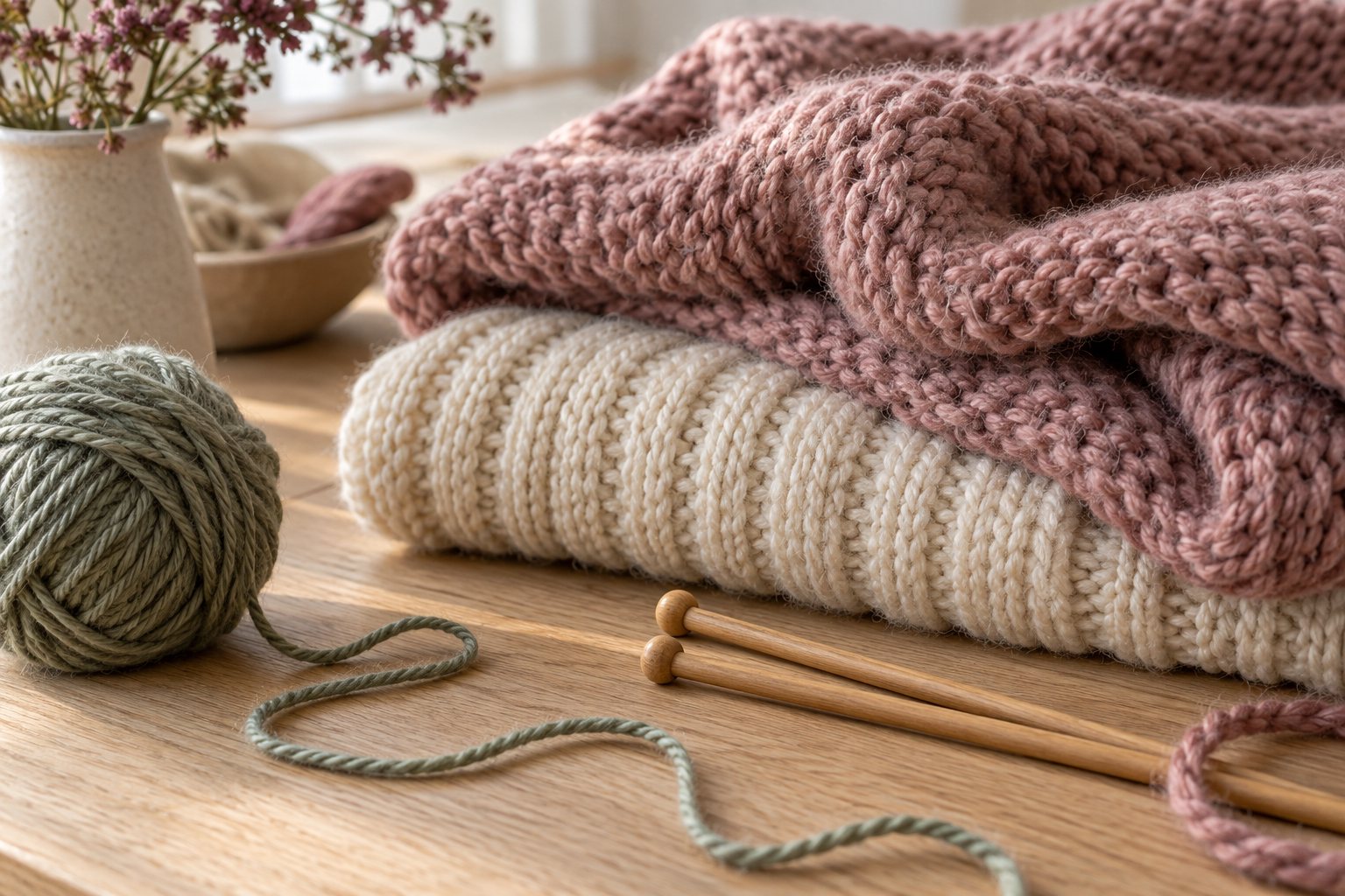 Nahaufnahme weicher Strickmaschen in Creme und Rosé auf einem Holztisch.