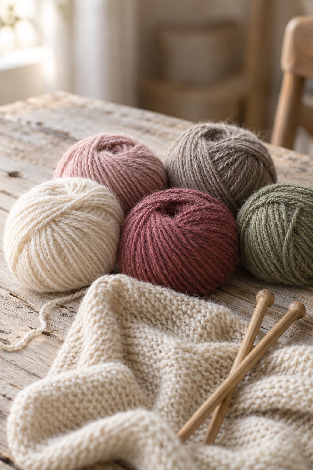 Wollknäuel in Creme, Rosé und Salbei mit Holzstricknadeln auf einem hellen Tisch.